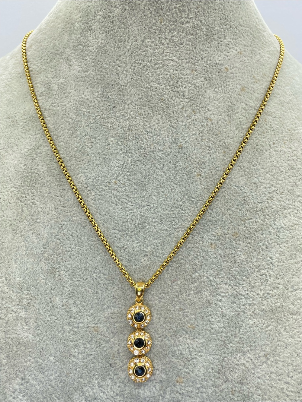 Vintage Gold Tone Black Acrylic White Crystal Glass Pendant Necklace